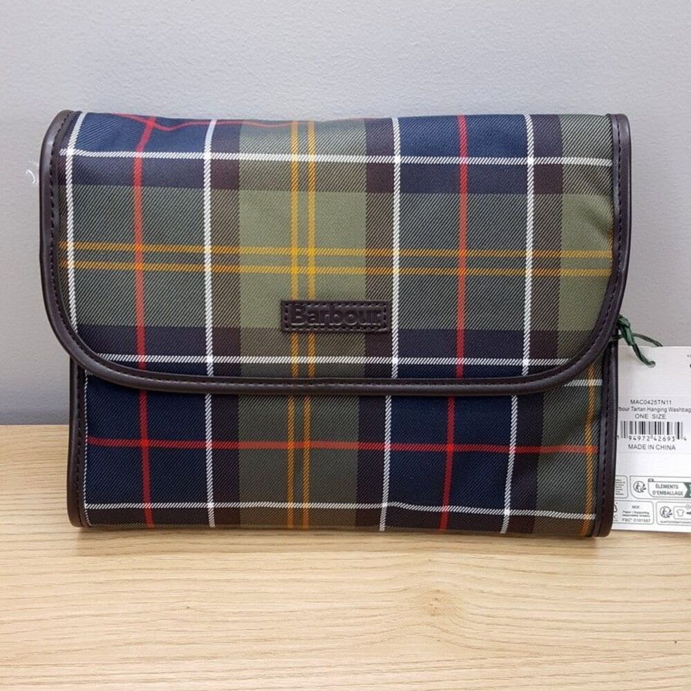 BARBOUR Mens Green Tartan Plaid Wash Bag Toiletry Travel Washbag